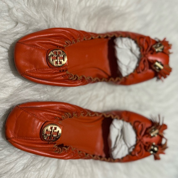 Tory Burch Orange Leather Tassel Scrunch Ballet Flats 7.5 - Picture 8 of 14